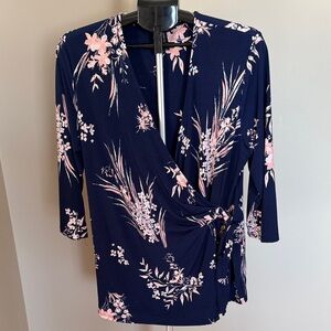 Massini Navy and Pink Floral Wrap Blouse
